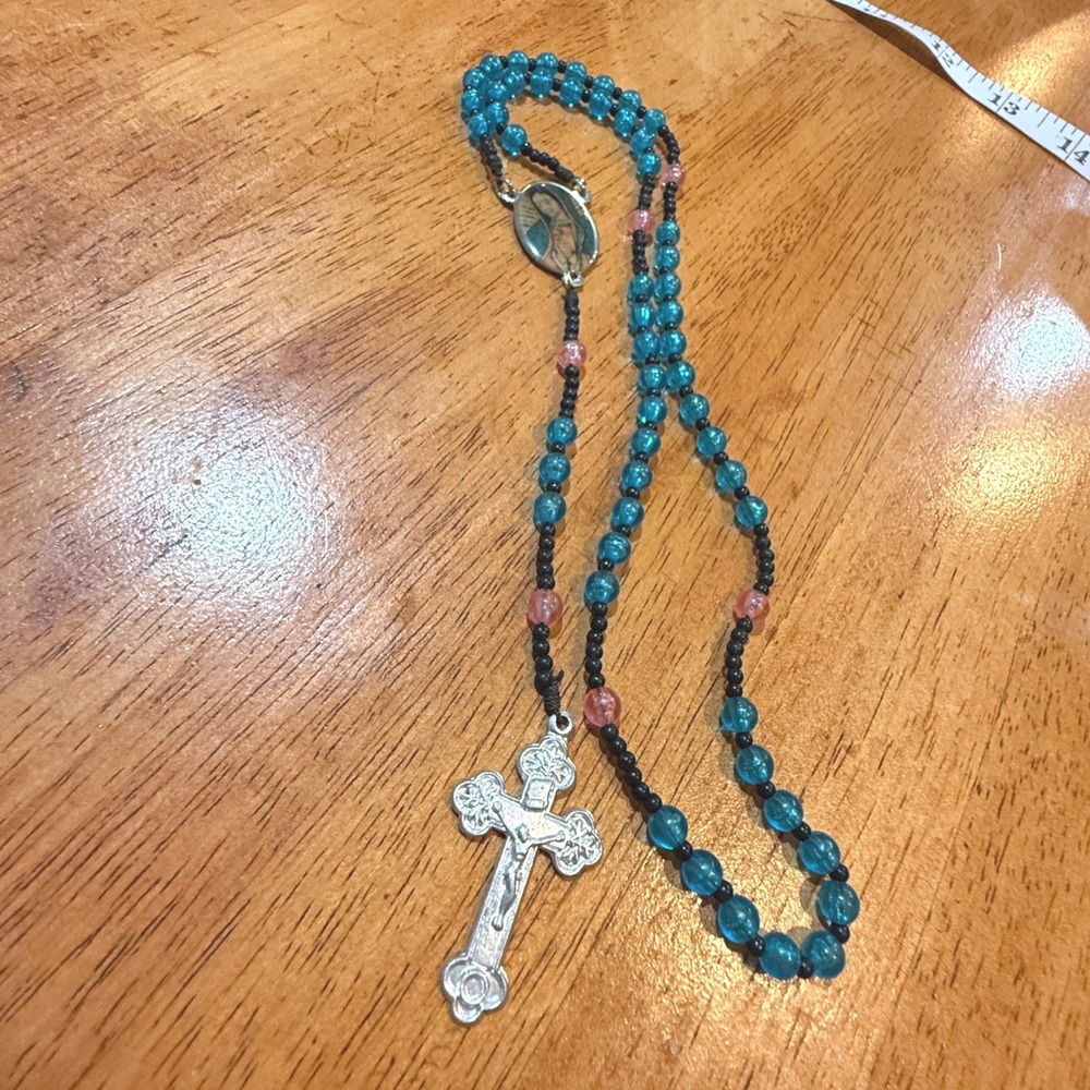 Catholic Rosary Necklace Teal Pink Beads Our Lady of Guadalupe Roma Crucifix